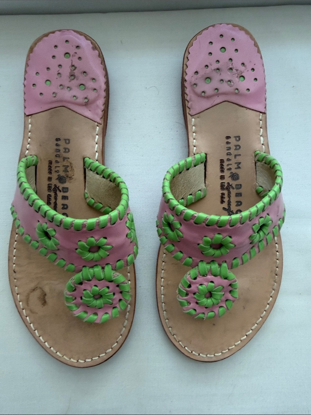 Palm Beach Sandals Pink and Green Floral Leather Slides